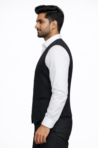 Same Fit Men’s Formal Waistcoat | Sleeveless V-Neck Button Down Suit Vest for Men | Black Waist Coat for Wedding, Office, Business & Casual Wear (Standard, Black, 42) 2