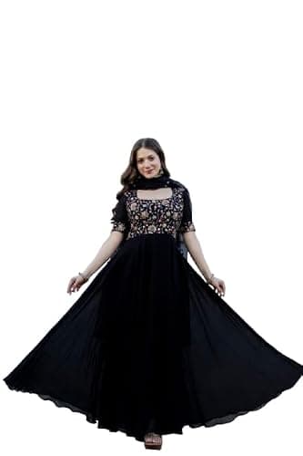 Quinry Women's Georgette Embroidered Anarkali Gown with Dupatta Set - Black (in, Alpha, L, Regular)