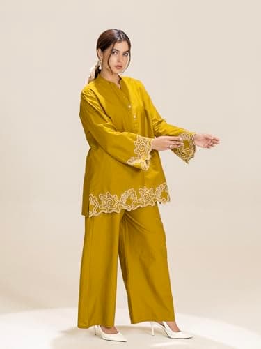 TITTLI Women Pure Cotton Embroidered Co-ord Set | Mandarin Collar Tunic & Trouser Set with Star Stitch Work | Full Sleeves | Regular Fit | Side Pocket | M to XXL 5