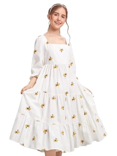 SKYCARRY Girls Cotton Midi Dress Ages 5 to 14 Years White Floral Embroidery Square Neck Western Outfit Stylish Kids Clothing Summer Beach Birthday Fashion Frocks for Children