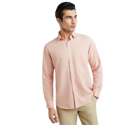 Raymond Men's Slim Fit Cotton Linen Blend Full Sleeve Regular Collar Solid Pattern Light Red Casual Shirt (Size: 40)-RCSQ01838-R2