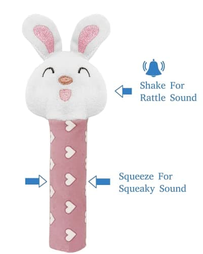 Pikipo Bunny Face Rattle Soft Toy(Plush) for Baby with Squeeze Handle for Squeaky Sound (Pink) 3