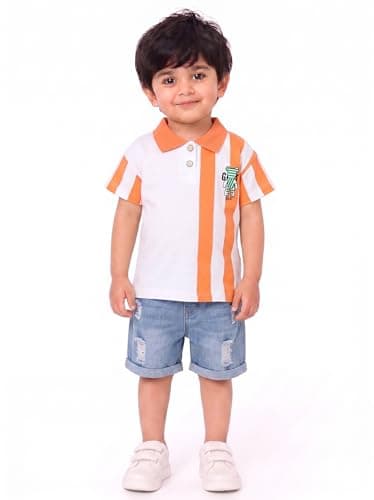 Krishn Creations Kids Clothes for Boys | Printed Cotton Half Sleeve Tshirt and Denim Shorts | Baby Boy Dress (Orange, 2-3 year)