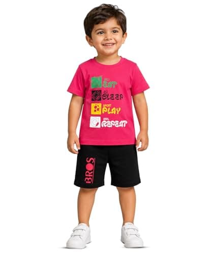 3BROS Boys & Girls Cotton Printed Clothing Set for Kids | Round Neck Half Sleeve T-Shirt & Shorts Set | Summer Wear Co-Ord Set for Baby Boys & Girls | Outfit Pack of 1 (Pink, 3-4 Years)