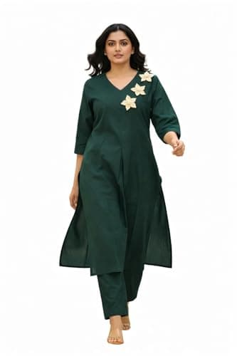 DESI BLOOM Women's Pure Cotton Kurta Pant Set, V-Neck, Embroidered, 3/4 Sleeves, Straight Kurta, Ethnic Co-Ord Set for Daily, Office, Festive (IN, Alpha, L, Regular, Bottle Green)