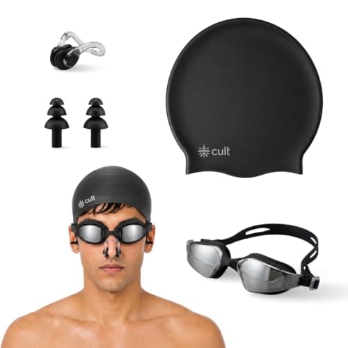 CULT Swimming Cap Goggles with Ear Plugs & Nose Clip Set for Men & Women, Anti-Fog Swimming Goggles with Adjustable Strap, Silicone Swim Cap Combo for Training, Pool & Fitness, Black