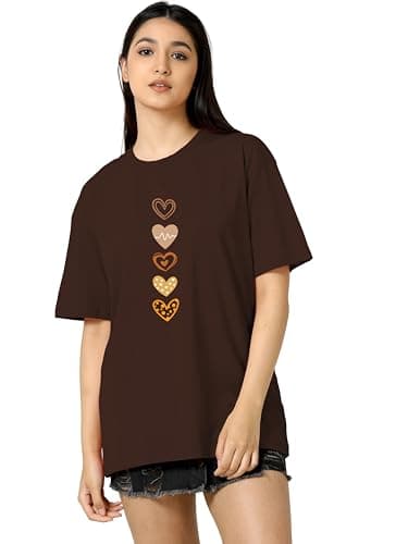 TQH Round Neck Drop Shoulder Brown Graphic Printed Cotton Blend Oversized T-Shirt for Women 5