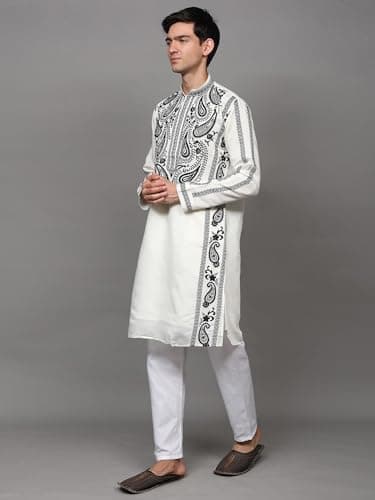 Exotic India Thread Embroidered Motif Art Silk Kurta with Cotton Pant Style Pajama | Ethnic Dress Kurta Pajama Combo Set for Men's 3