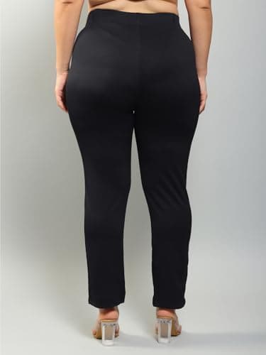 Plus Size Women Straight Fit Polycotton Blend Solid Trousers Black 2