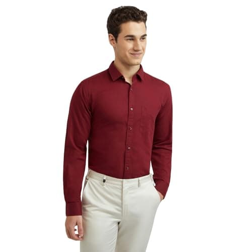 Raymond Men Slim Fit Solid Pattern Linen Cotton Blend Regular Collar | Full Sleeve Casual Shirt | Dark Red