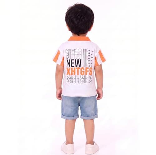 Krishn Creations Kids Clothes for Boys | Printed Cotton Half Sleeve Tshirt and Denim Shorts | Baby Boy Dress (Orange, 2-3 year) 2