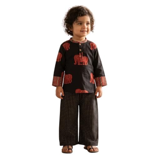 Koshberry Girls Black Elephant Print Co-Ord Set Kurta & Pants - 2-3 Years