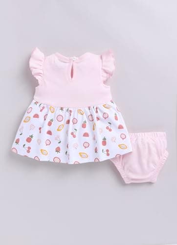 Smart Baby Girl Pink Tutti Frutti Frock with Bloomer & Headband Set – Flutter Sleeve Interlock Cotton Dress – Newborn Infant Summer Dress for Girls (Pink, Sleeveless, 6-9M) 2