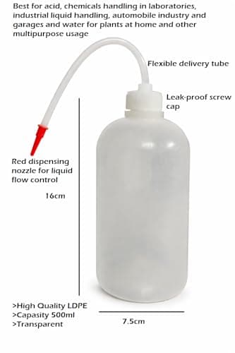 LDPE Wash Bottle, 500ml, Leak proof screw cap with flexible delivery tube for scientific laboratory liquid handling, watering plants, industrial liquid handling and other multipurpose usage 3
