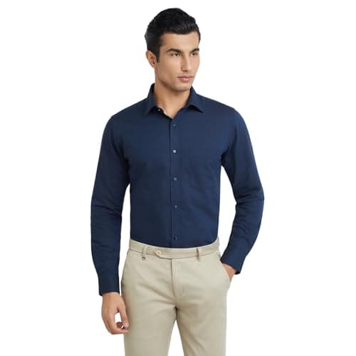 Raymond Men's Slim Fit Cotton Semi Cut Away Collar Solid Pattern Full Sleeve Dark Blue Shirt