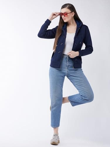 PIVL Casual Solid Standard Length Full Sleeves Stylish Women Fleece Jacket with zip for winter II Zipper Hoodie II Hooded Neck II Winter Wear II Dark Blue Medium 3