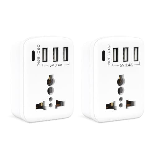 MX 5-in-1 MultiPort Adapter with Cordless Extension Board | Universal AC Socket, 1 x Type C, 3 x USBs, 2500W Output, 15W USB C & 3.4A USB-A PD Charging Output for Tight Spaces, Travel Adapter, 2 Pack