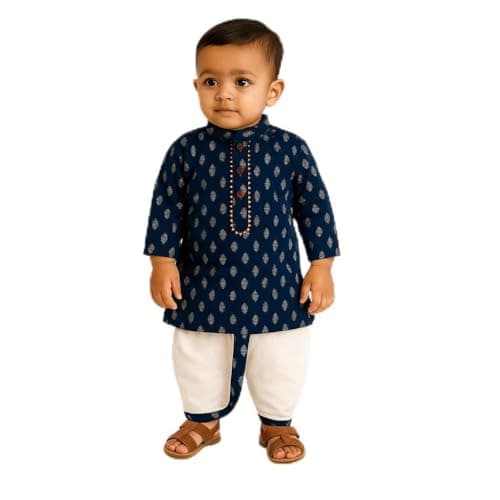 Baby Boys Kurta and White Dhoti Set | Traditional Cotton Ethnic Outfit for Toddlers (Blue, 0-3 Months)