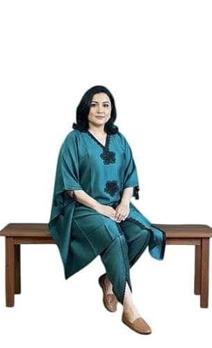 Women's Fusion Coord Set – Premium Kaftan Top with Handwork & Tassel Details and Lace Tulip Pants – Chic Ethnic Indo-Western Outfit for Parties & Festive Occasions (Standard, Ocean Blue, XL) 3