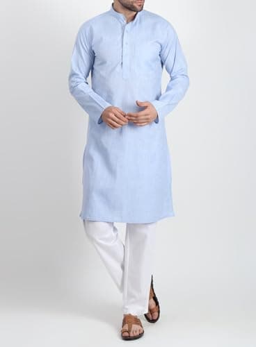 DasteKarigar Men's Cotton Kurta Pyjama Set, Kurta Pajama for Men, Light Green and White, Traditional Indian Ethnic Wear (Blue White, 42) 2