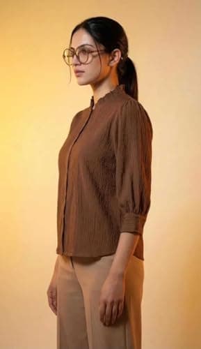 Messica Women Brown Solid Cotton Blend Knitted Top | Ruffle Neck | 3/4 Sleeve | Regular Fit Casual Office Wear Top (in, Alpha, M, Regular, Brown) 4
