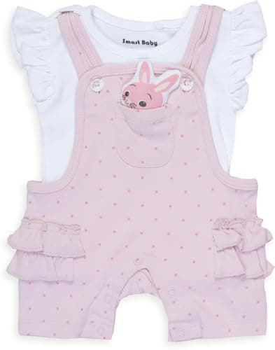 Smart Baby Dungaree Set for Baby Girls | Cotton Romper with T-Shirt | Soft & Breathable Fabric | Cat Doll | Snap Button Closure for Easy Diaper Change (Pink, 6-9 Months)