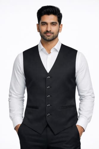 Same Fit Men’s Formal Waistcoat | Sleeveless V-Neck Button Down Suit Vest for Men | Black Waist Coat for Wedding, Office, Business & Casual Wear (Standard, Black, 42) 4