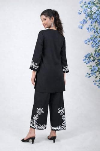 Co Ord Set for Women Stylish Pure Rayon Long Sleeves Mandarin Neck Floral Print Western Cot, Wear as Office Coat, Travel Coord (IN, Alpha, M, Regular, Women, Black) 5