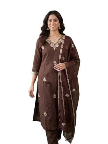 Women's Beautiful Heavy Cotton Blend mbroidered Salwar Suit For Women Readymade Salwar Suit Set Semi-Stitched Top and Duppata For Any Occasion (IN, Alpha, XL, Regular, Womens, Coffee)