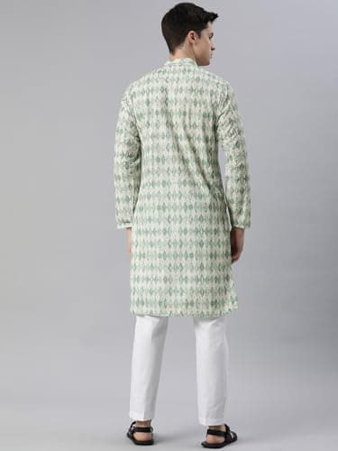 Majestic Man Men Cotton Blend Ethnic Motifs Embroidered Chikankari Regular Kurta (Green, Small) 4