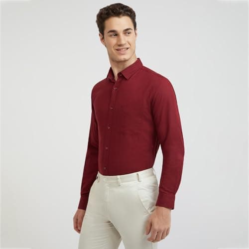 Raymond Men Slim Fit Solid Pattern Linen Cotton Blend Regular Collar | Full Sleeve Casual Shirt | Dark Red 3