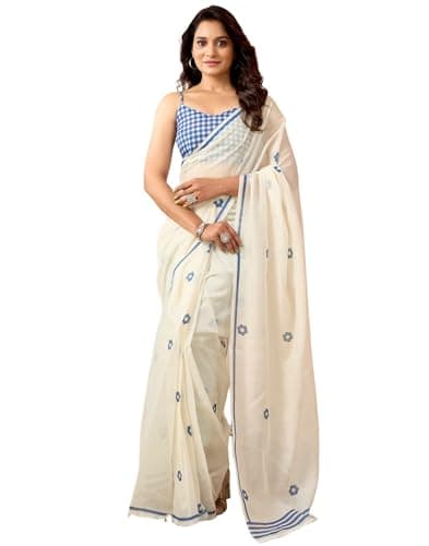 SIRIL Women's Chanderi Cotton Printed Ready To Wear with Pocket Saree with Unstitched Blouse Piece (47RS437_Off white)