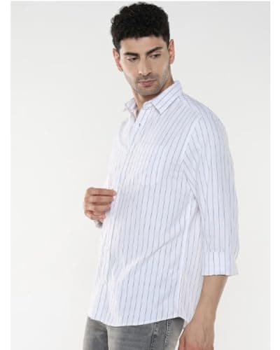 MILDIN Men's Pure Cotton Striped Printed Shirt with Spread Collared Neck Full Sleeve Curved Hemline Button Closure and Regular Fit | Shirt for Man White Oxford Single Full - M 3