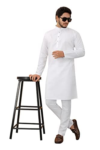 KAMOSA Cotton Blend Solid Kurta Pyjama set for Men for wedding party casual (XXL, WHITE) 3