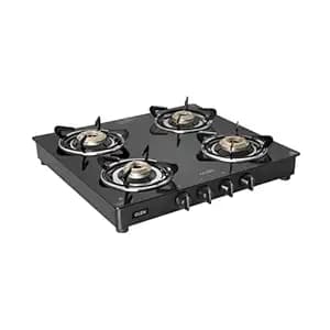Glen Apex LPG Gas Stove 4 Burner 55 cm | 6mm Thick Toughened Glass Top | Brass Burner Gas Stoves | ISI Certified Black | Drip Trays | Revolving Inlet Nozzle | 2 Year Warranty On Product