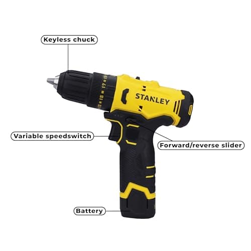 STANLEY SCH10D2K-IN(12 V)Brushed Cordless Hammer Drill Driver,2x2Ah Batteries&1.5A Charger,LED Light,Variable Speed Trigger Switch,Forward/Reverse Button,10mm Chuck,Clutch Setting 20+1,1 Year Warranty 3