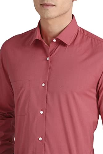 Peter England Men's Cotton Solid Regular Fit Shirt (PESFONUBM17140_Red 40) 4