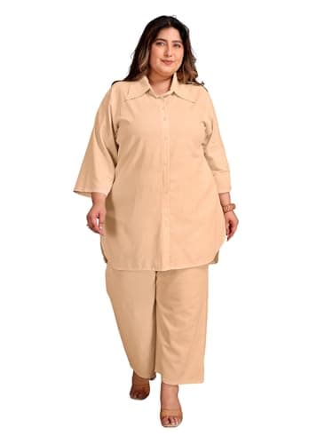 TITTLI Women Plus Size Cotton Co-Ord Set | Collared Shirt & Trouser Set | 3/4 Sleeve Tunic Shirt | Elastic Waistband with 2 Pockets Pants | Casual Wear Outfit | 3XL to 6XL Cream