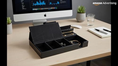 HIGHREAD Premium Leather Desk Organizer, Black, Stationery Holder with Multiple Compartments, Office Accessories Storage Tray 5