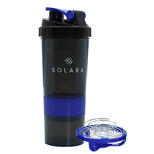 SOLARA Protein Shaker Bottle - 650 ML Gym Shaker Bottle & shakers for Protein Shake - Two Layer Extra Storage for Protein Powder & Nuts, Mobile app with 50+ Home Fitness Videos eBooks, Black & Blue