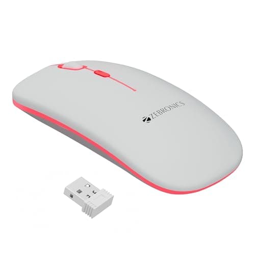 Zebronics Wireless Mouse, Dual Mode 2.4GHz + BT, Up to 1600 DPI, USB Nano Receiver, Lightweight Design, Multicolor LED Lights, Rechargeable Battery (Blanc, White)
