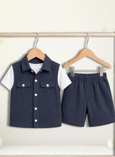 3BROS Kids Cotton Shirt Shorts Set for Boys Kids Clothing/Boys Clothing Set (Party/Festive) Wear (Navy Blue, 7-8 Years) 5