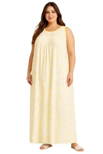 Manvicare Plus Size Soft Rayon Fabric Sleeveless Nighty for Women, Girls - White with Yellow Floral Print (Yellow, 4XL)