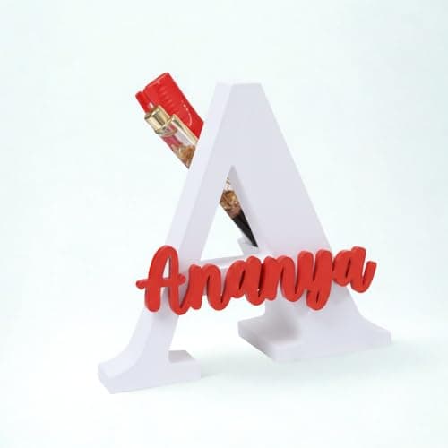 Artsycollection® Personalized Alphabet Name Pen Stand for Desk | Custom Initial Letter Pen Holder | 3D Acrylic Pen Stand for Office Study Table | Personalized Birthday Gift for Him, Her (Wht-Red) 2