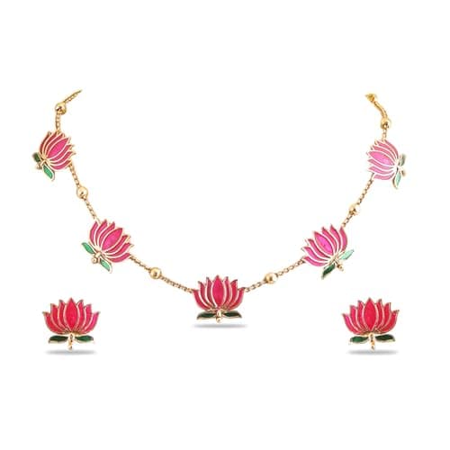 Rubans 22K Gold Plated Lotus Motif Choker Necklace Set Pink Enamel Traditional Festive Jewellery for Women & Girls