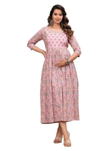 Fit and Flaired Cotton Printed I Maternity I Kurti I Kurta I Gown I Midi I Maxi I Feeding Kurti I for Women (L, Multi-Pink)