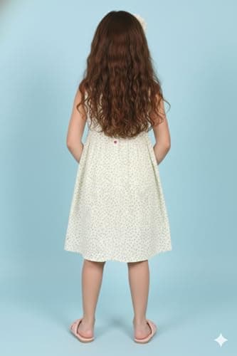 CMMCHAAH Girl's 100% Cotton Floral Sleeveless Frock – Summer A-Line Dress with Front Buttons and Dual Pockets – White/Multi 4