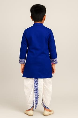 Boys' Traditional Jamdani Border Cotton Kurta with Silk Dhoti Set, Ages 2-14 Years, (Blue, 7-8 Year) 2