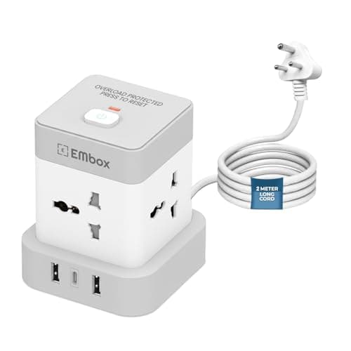 EMBOX Cube Extension Board with USB Type C | 2500W Extension Board with Switches | Extension Cord with 4 Universal Sockets Safety Shutter & Overload Protector 12W