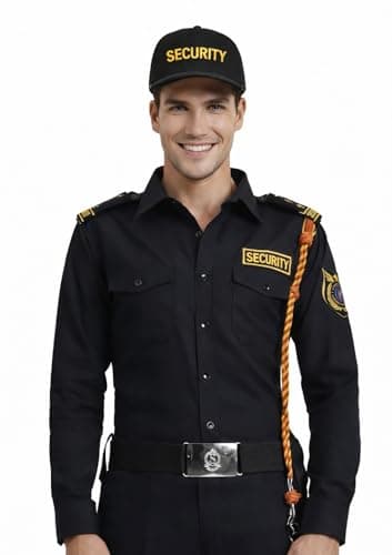 Security Guard Uniform Shirt for Men, Black Full Sleeve with Gold Embroidered Patches, Belt and Cap Included, Professional Costume (IN, Alpha, XL, Regular)
